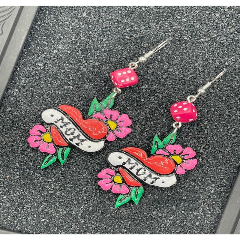 Tattoo Love Mom Heart Earrings