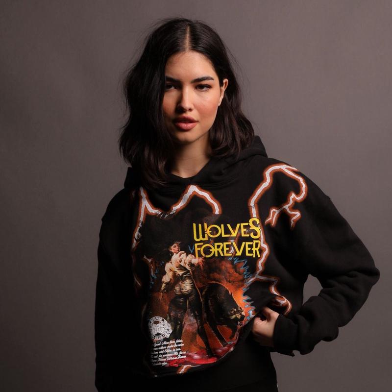 A Woman Scorned "Vintage Wyoming" (Cropped) Hoodie in Black/Orange Lightning