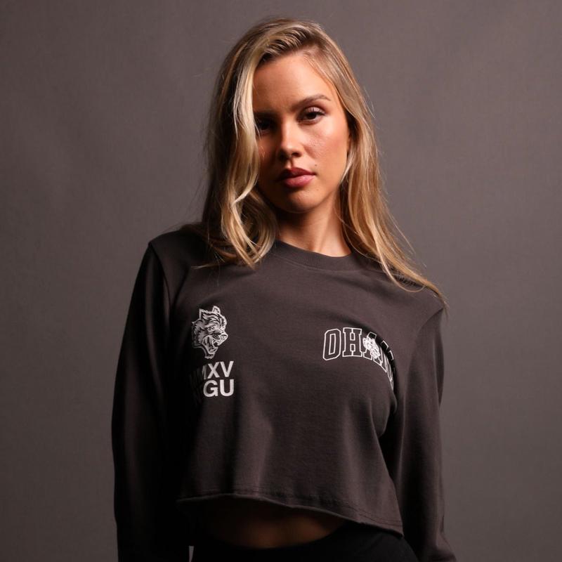 Ohana At Our Back "Premium" (Cropped) (LS) Tee in Wolf Gray