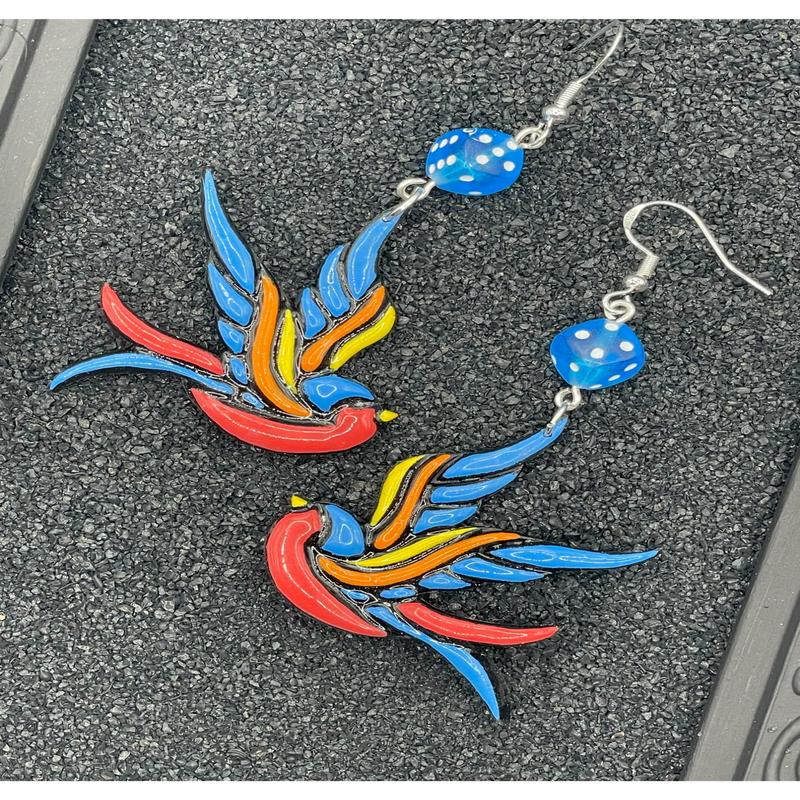 Tattoo Love Painted Swallow Earrings