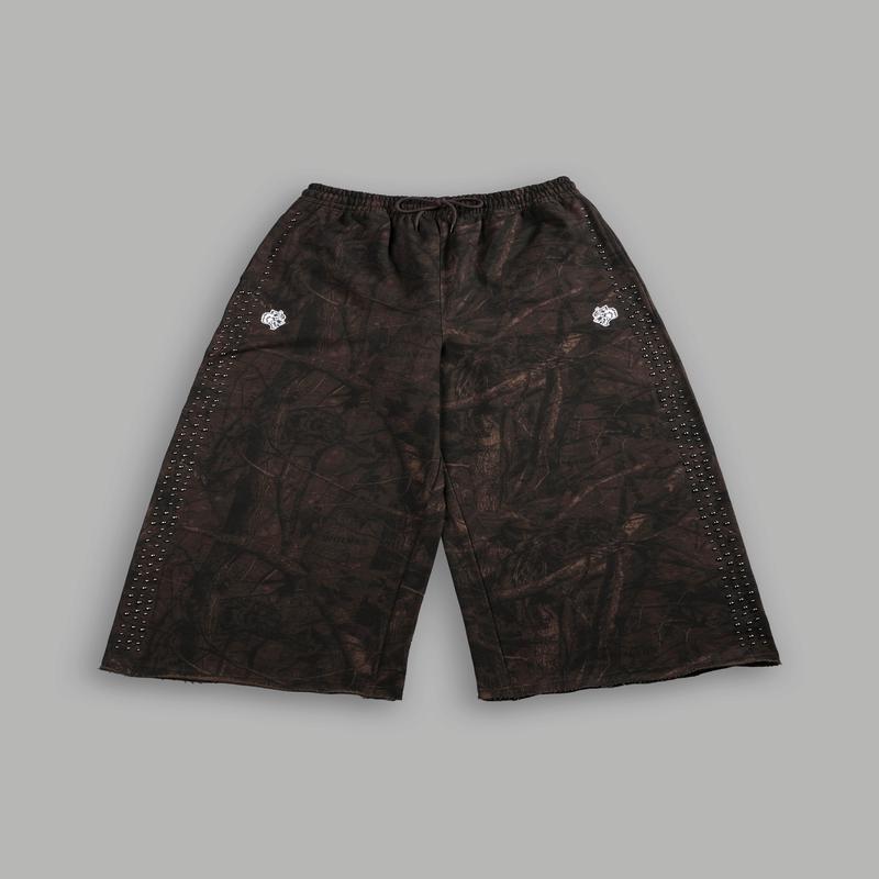 Dual Wolf Stud Grunge Oversized Omen Sweat Pants in Brown Driftwood Forest Camo