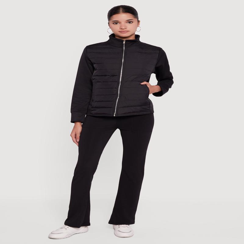 Fleece Lined Long Sleeve Hybrid Quilted Puffer Jacket