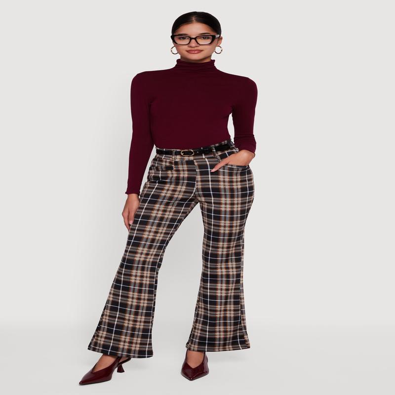 Plaid Scuba Belted Flared Leg Dress Pants