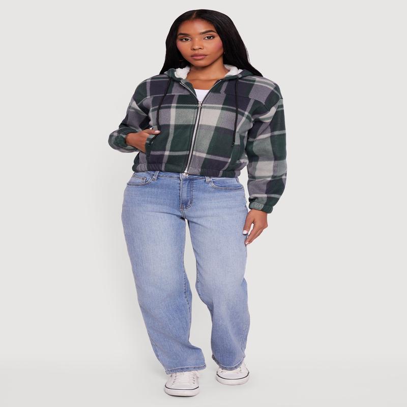 Plaid Sherpa Lined Hooded Jacket