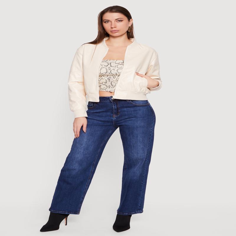 Solid Faux Leather Bomber Jacket