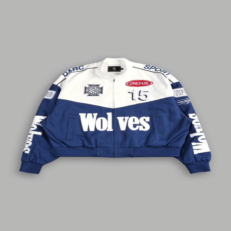 ONLYUS Gordon Unisex Racing Jacket in White/Blue