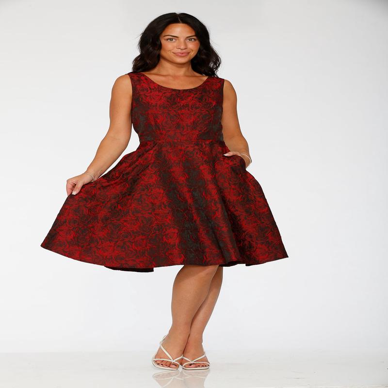 Black & Red Rose Brocade Floral Swing Dress