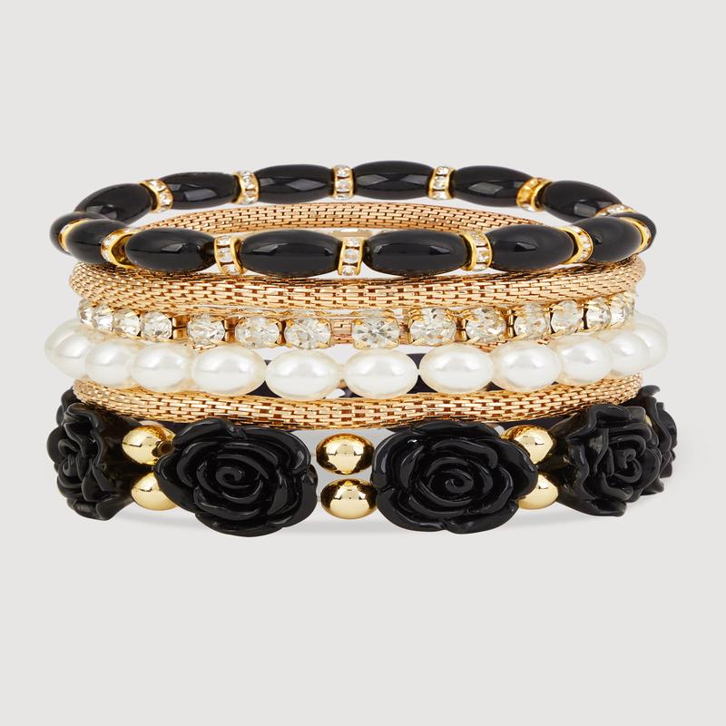 Rose Beaded Faux Pearl Metallic Stretch Bracelets Set of 6