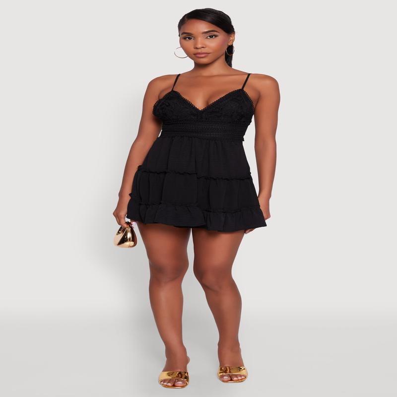 Chic Crochet Detail V Neck Tiered Dress