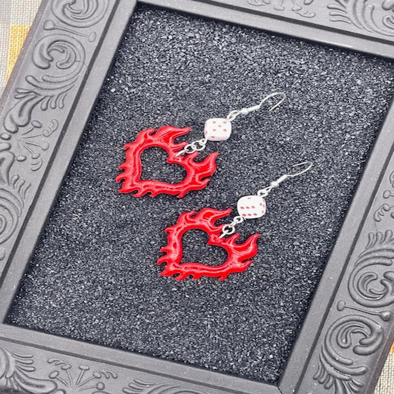 Tattoo Love Flaming Heart Dice Earrings