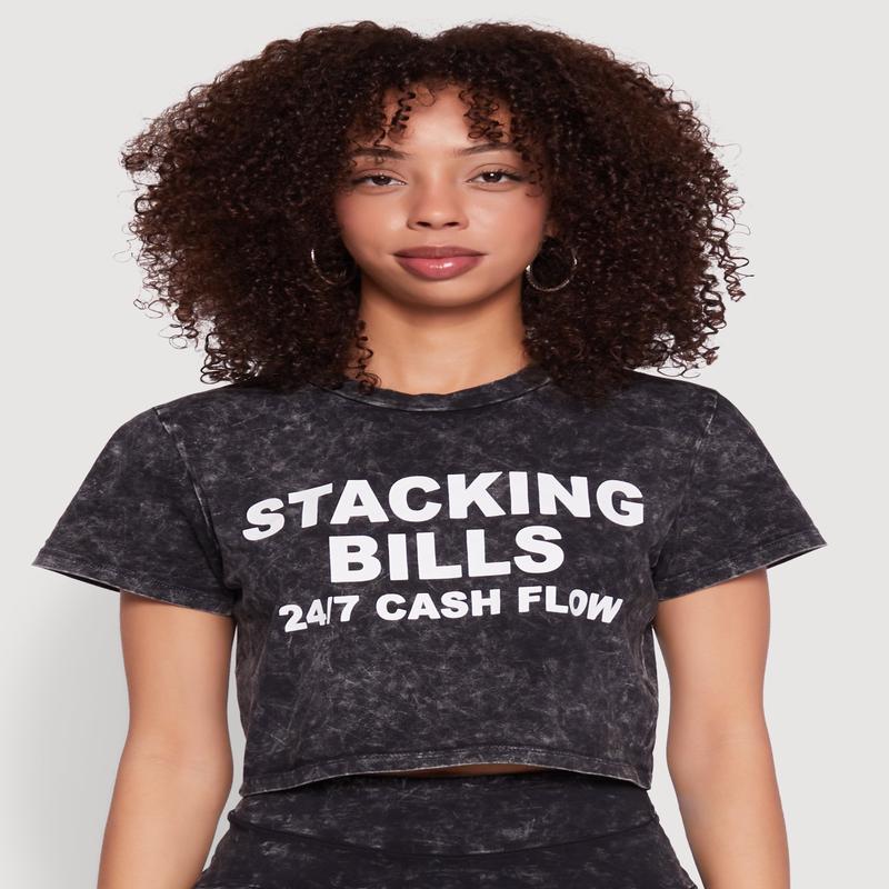 Trendy Mineral Wash Stacking Bills Graphic Crop Top