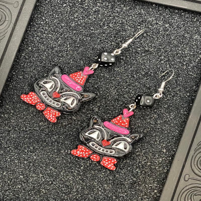 Retro Black Cat with Party Hat Earrings