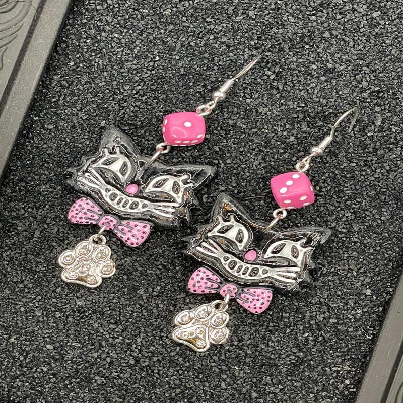 Retro Black Cat with Sparkle Paw Earrings