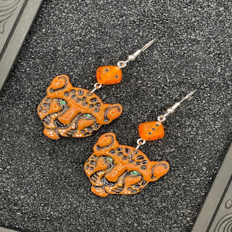 Tattoo Love Cheetah Head with Dice Earrings