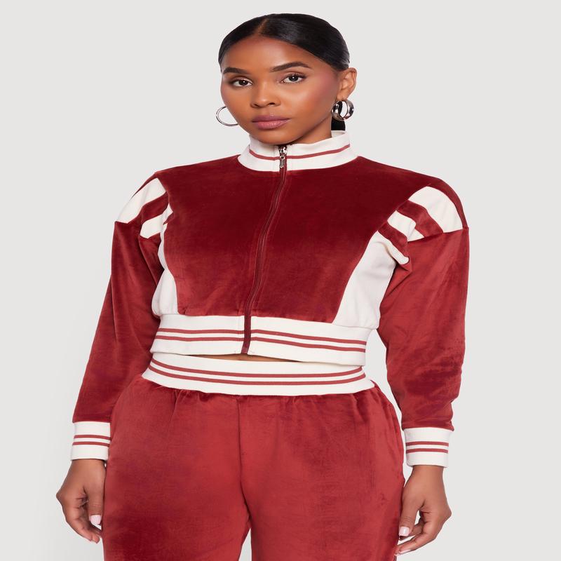 Velour Mock Neck Zip Front Top with Stripes