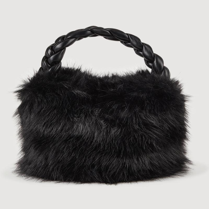Braided Handle Faux Fur Bucket Bag