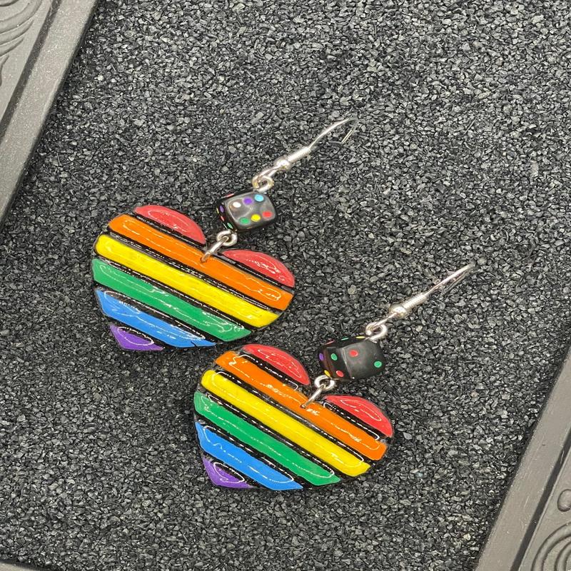 Rainbow Heart with Black Dice Earrings