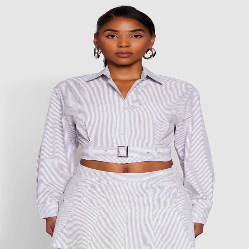 Striped Cropped Button Front Shirt with Belt