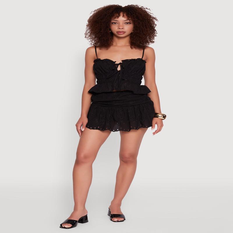 Trendy Eyelet Side Ruched Drop Waist Skirt