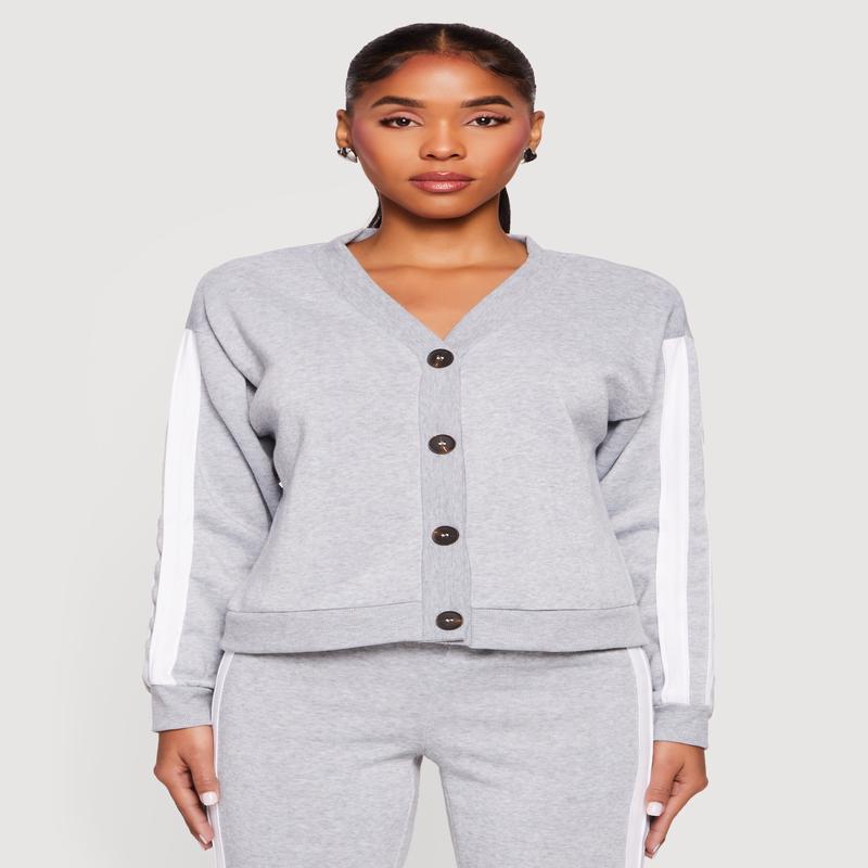 Fleece Lined Varsity Stripe Button Front Cardigan