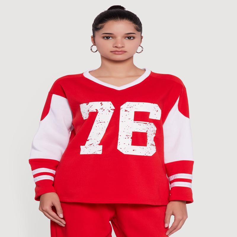 V Neck 76 Graphic Varsity Stripe Sweatshirt