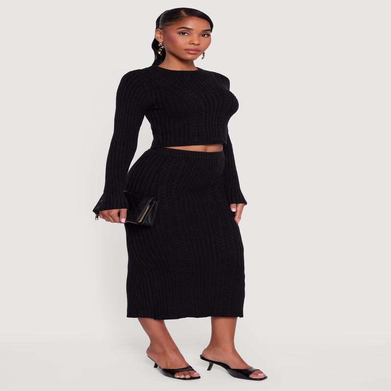 Cable Knit Slit Back High Waisted Pencil Skirt