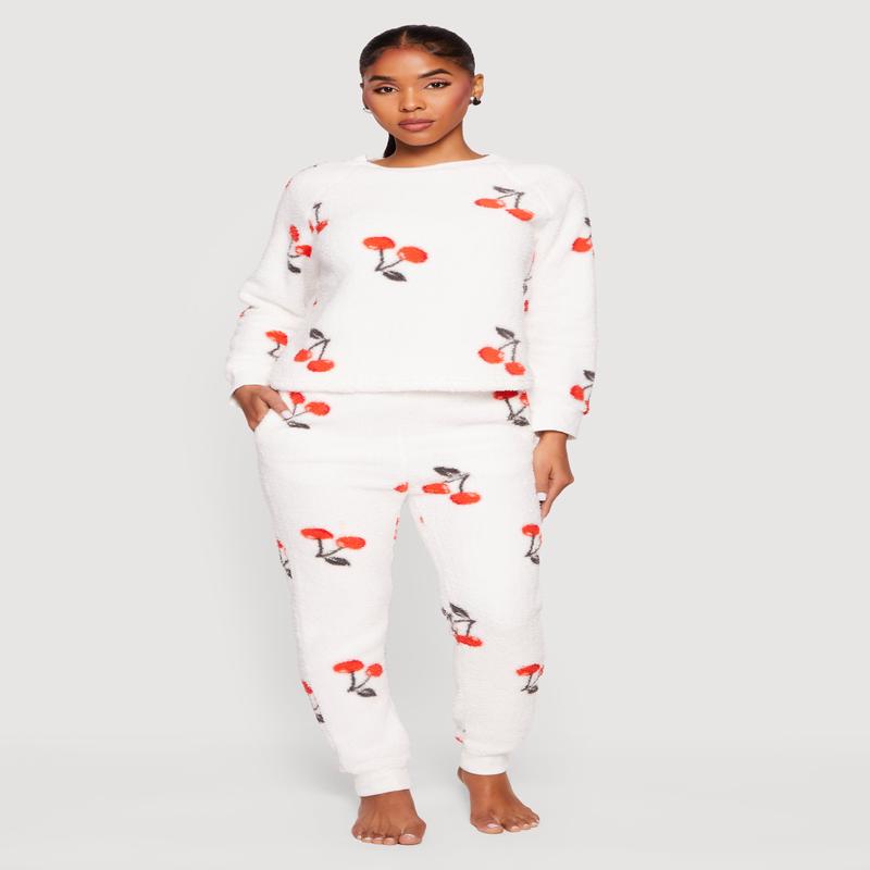 Cherry Print Sherpa Pajama Top and Pants