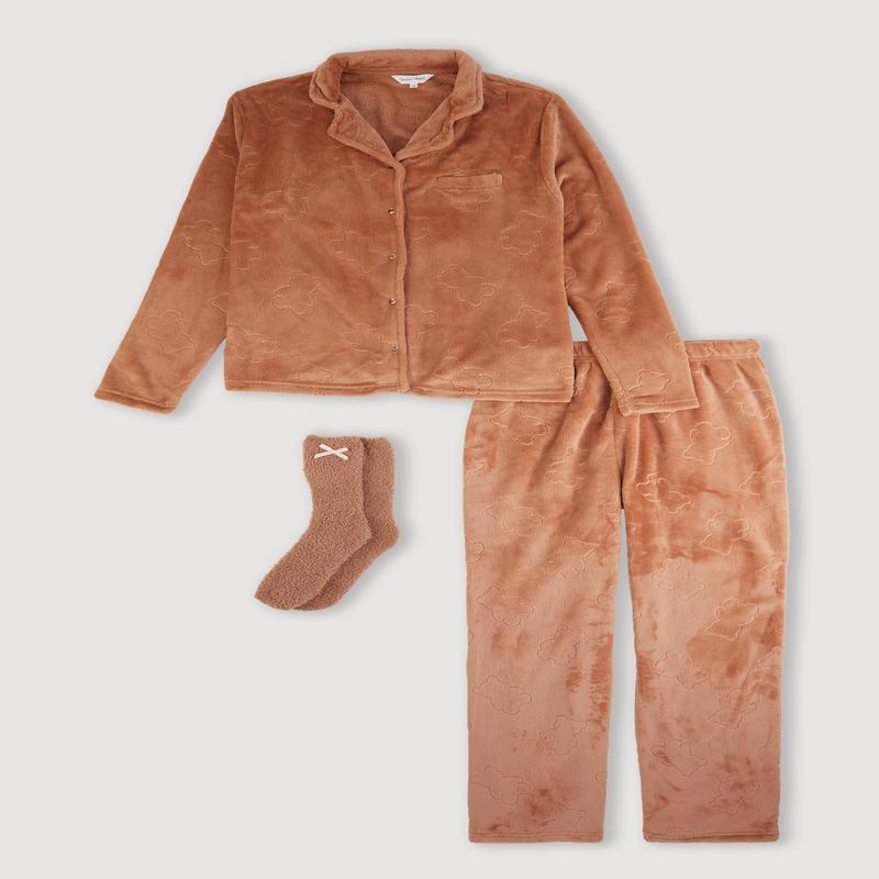 Plush Teddy Bear Patterned Pajama Gift Set with Socks