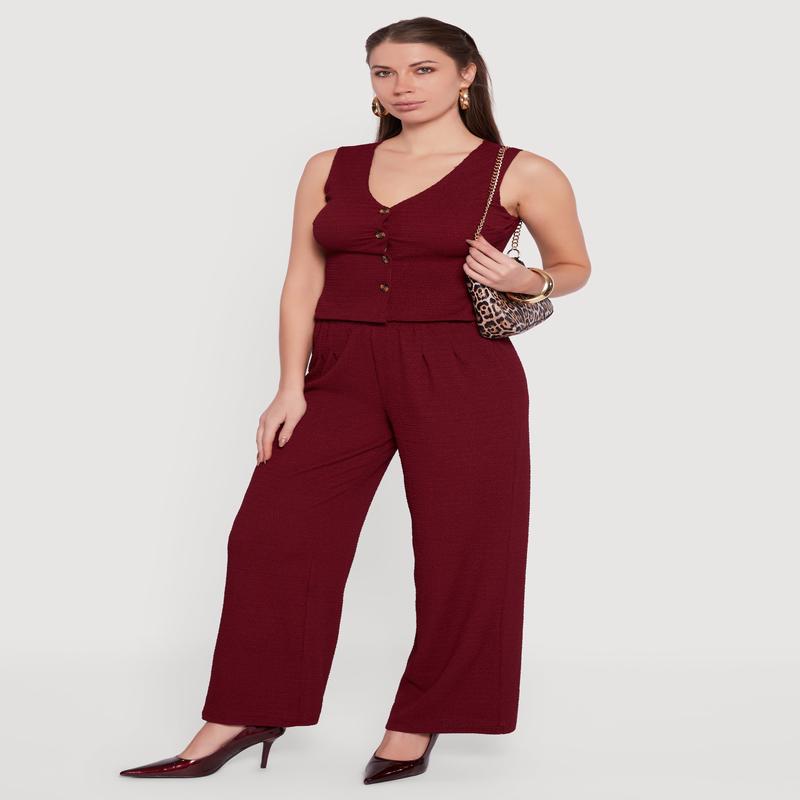 High Waisted Wide Leg Textured Knit Dress Pants
