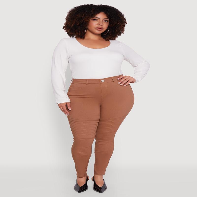 Plus Size High Waisted Hyper Stretch Dress Pants with Faux Buttons