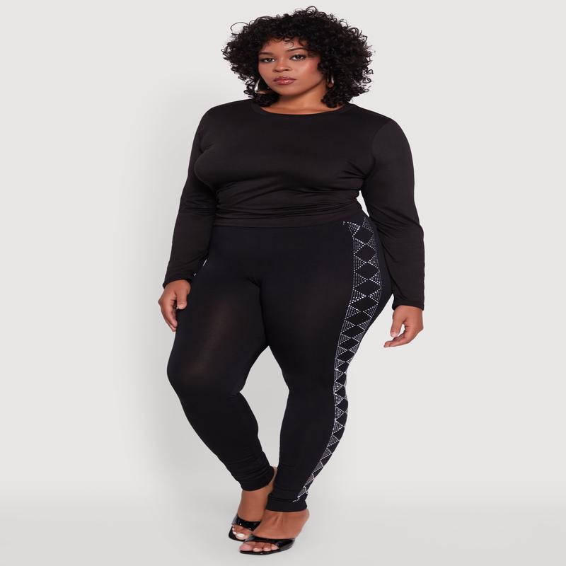 Plus Size Seamless Rhinestone Geometric Patterned Leggings