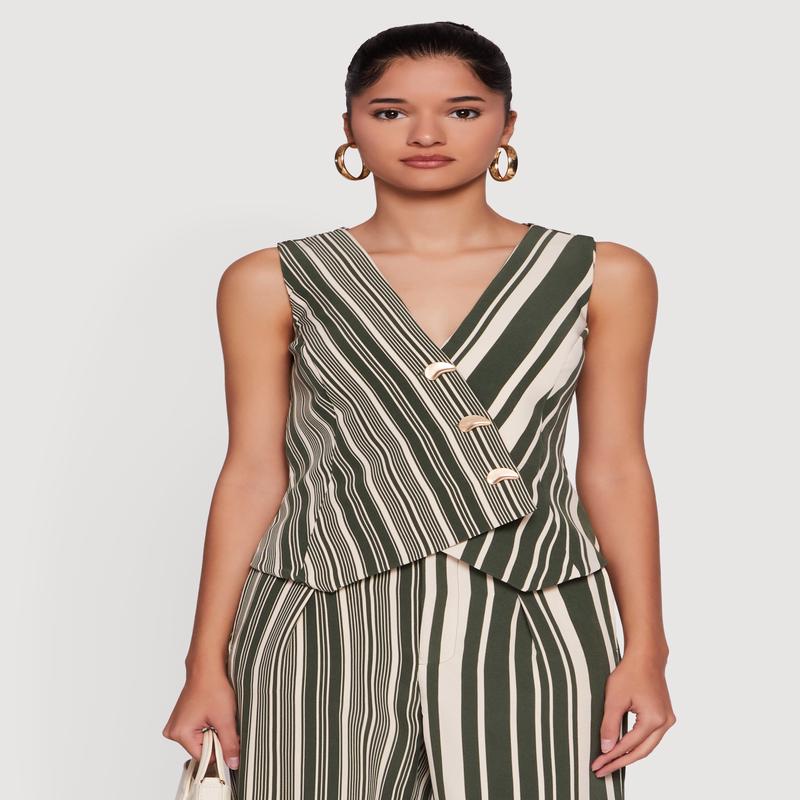 Striped Button Front Wrap Blazer Vest