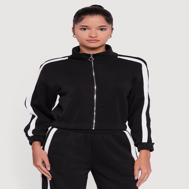 Varsity Stripe Mock Neck Zip Front Sweatshirt