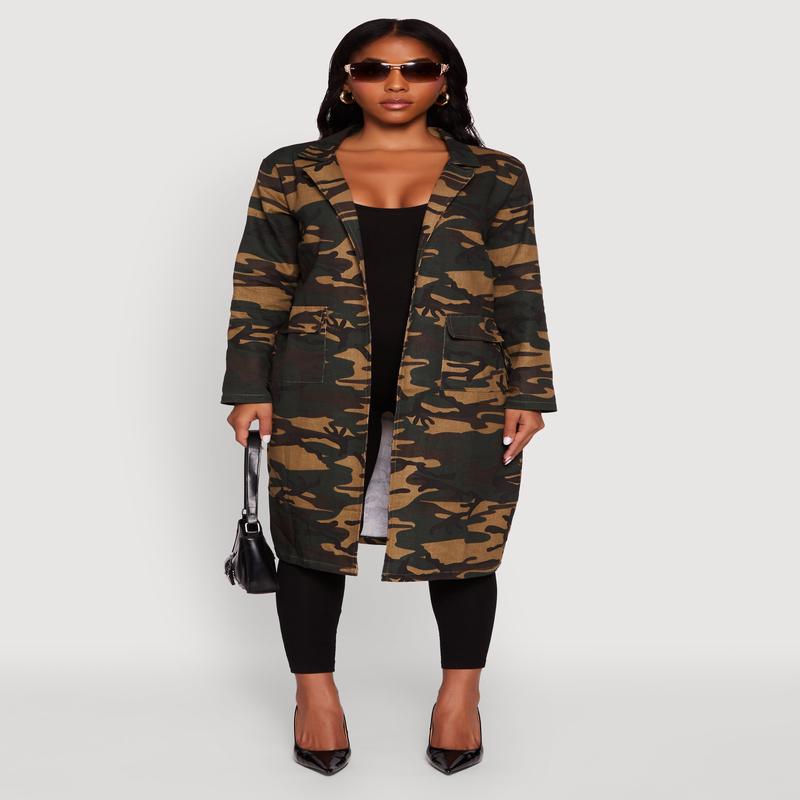 Camouflage Open Front Trench Coat