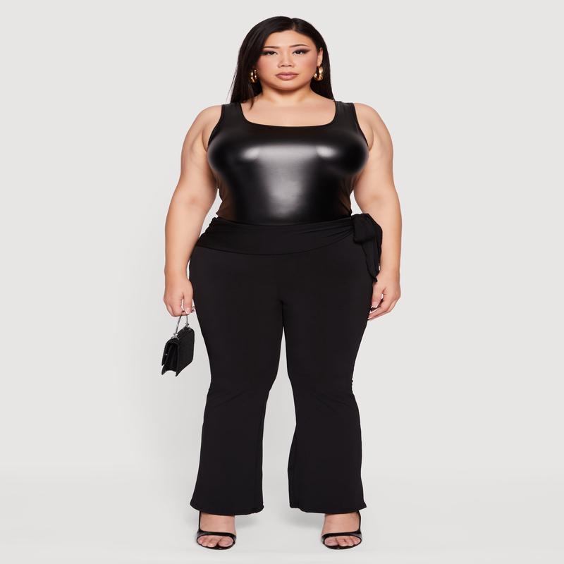 Plus Size High Waisted Flare Dress Pants with Side Tie