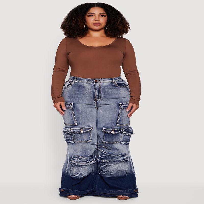 Plus Size Ombre Acid Wash Flare Leg Cargo Jeans