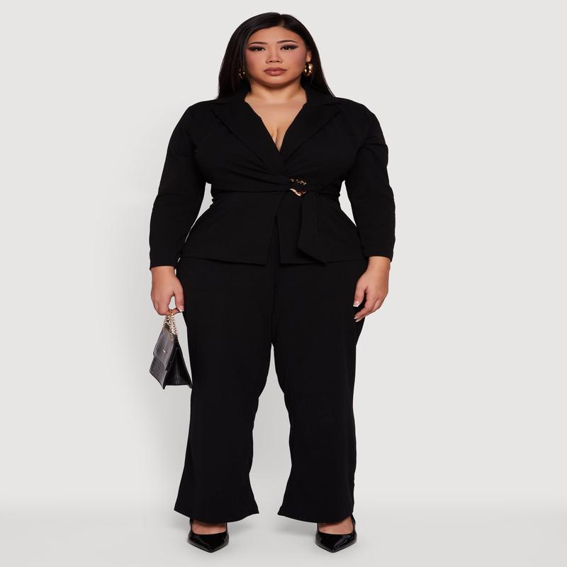 Plus Size High Waisted Crepe Knit Wide Leg Dress Pants