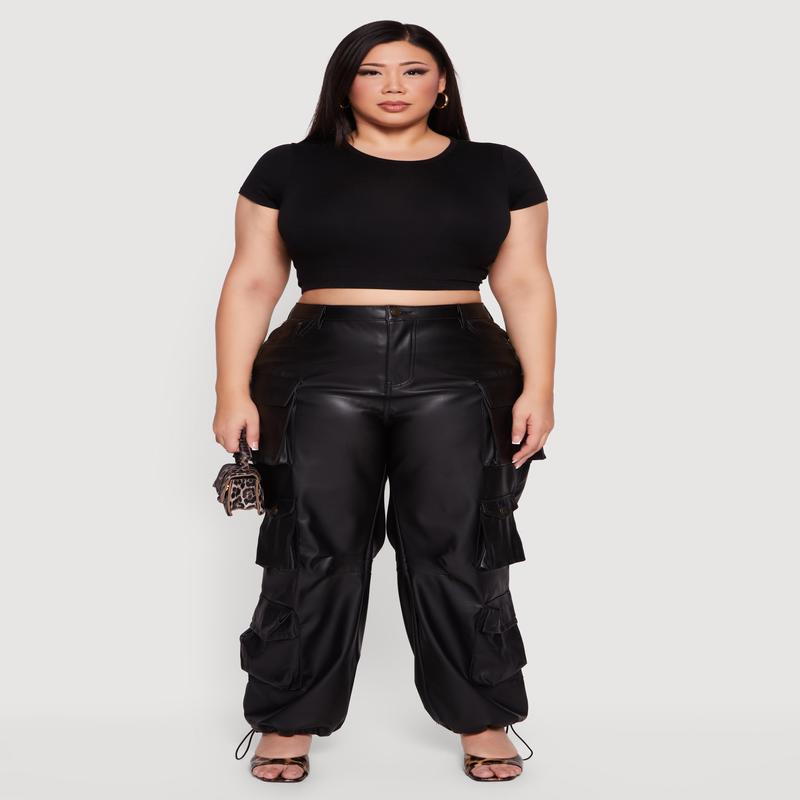 Plus Size High Waisted Faux Leather Cargo Joggers