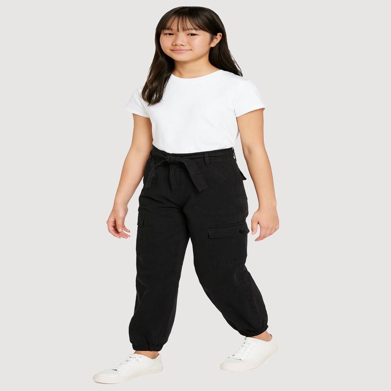 Girls Twill Cargo Joggers with Tie Waist Belt