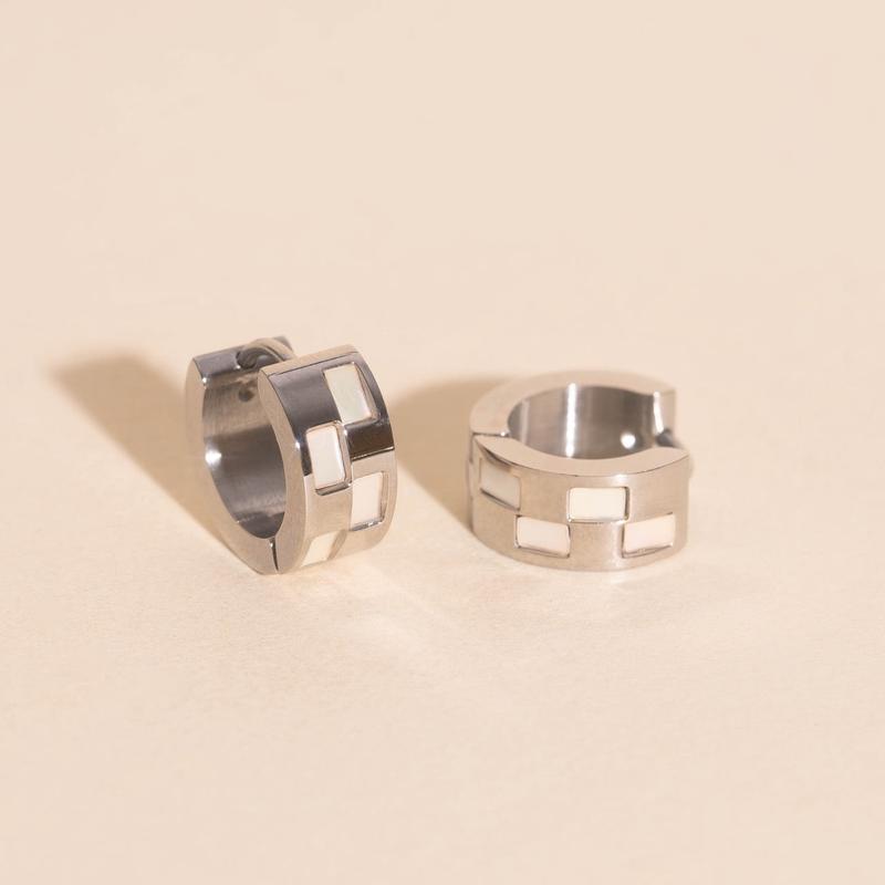 Pearl Shell Checkered Super Chunky Huggie Hoop Earrings