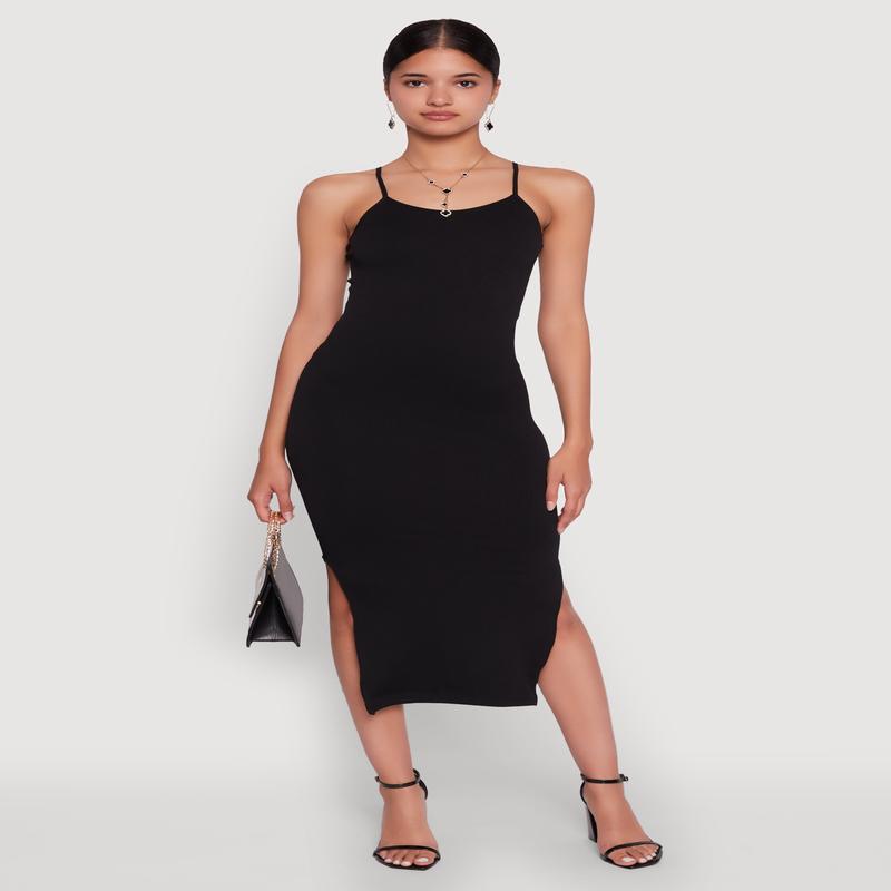 Trendy Ribbed Knit Side Slit Midi Dress