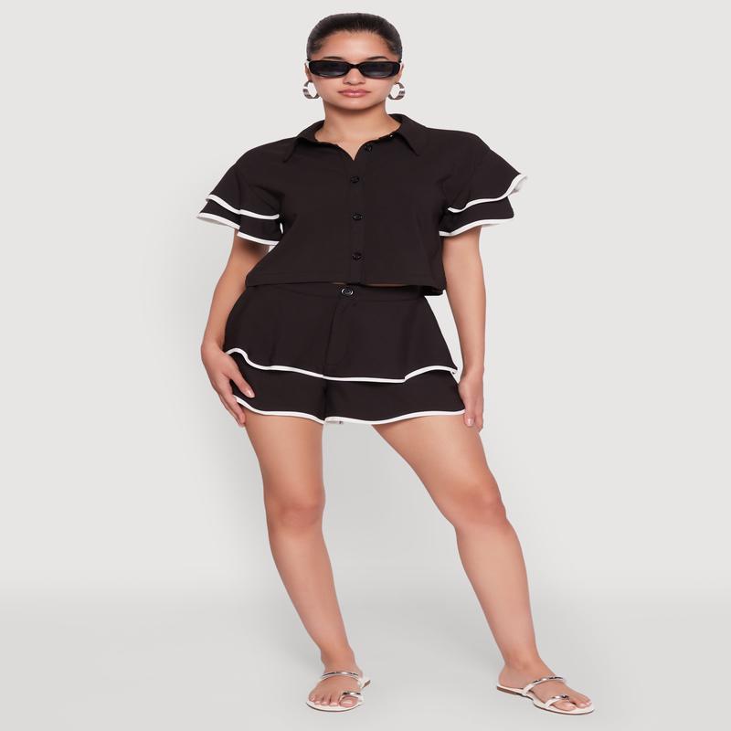 Contrast Trim Tiered Ruffle Shorts