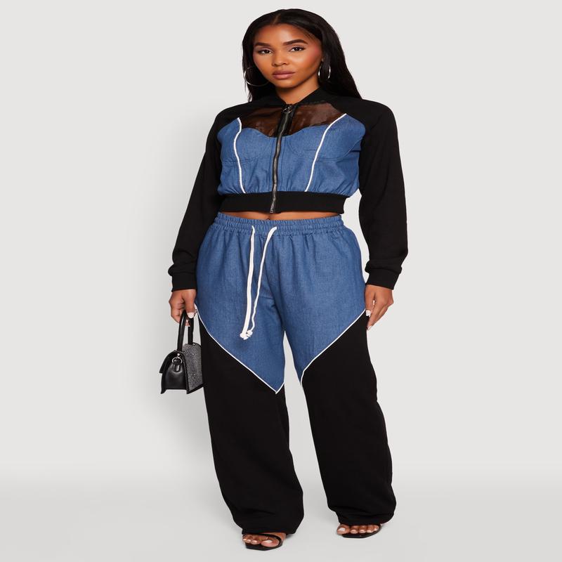 Denim Color Block Drawstring Waist Wide Leg Pants