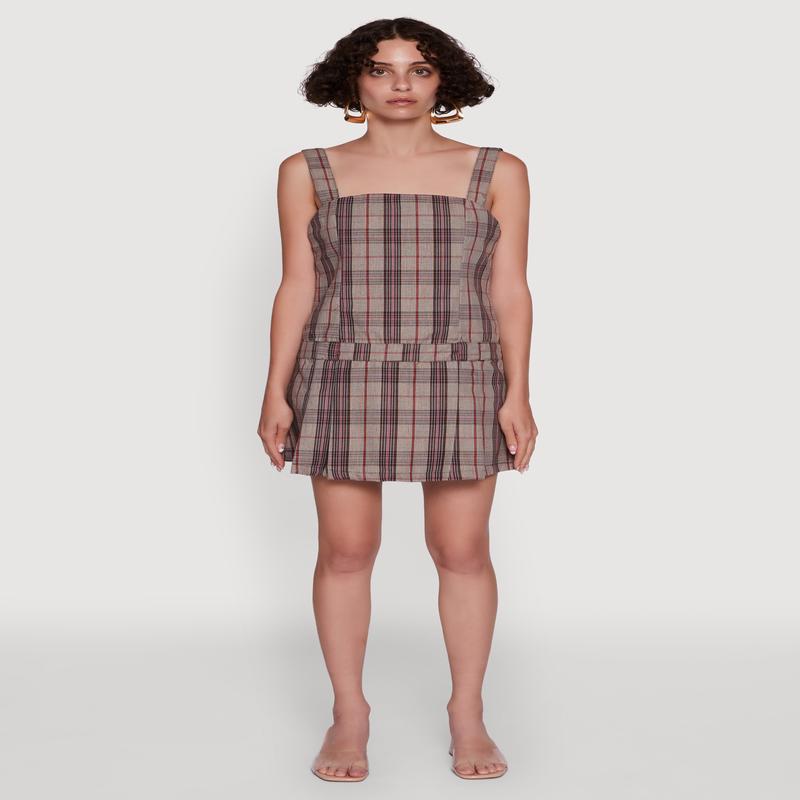 Plaid Square Neck Sleeveless Pleated Hem Dress