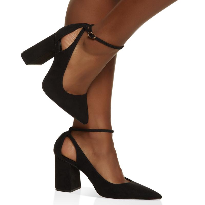 Pointed Toe Ankle Strap Block Heel Pumps