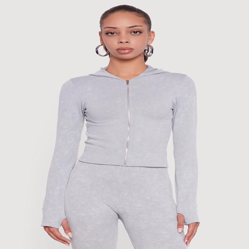 Acid Wash Ribbed Knit Hoodie with Thumb Holes