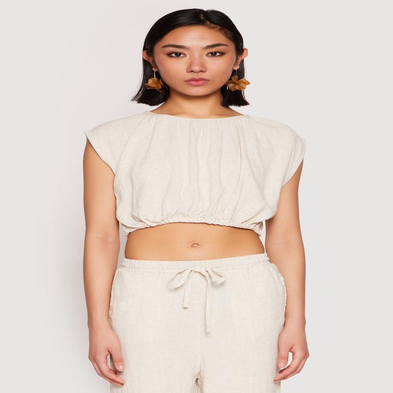 Linen Ruched Elastic Hem Crop Top