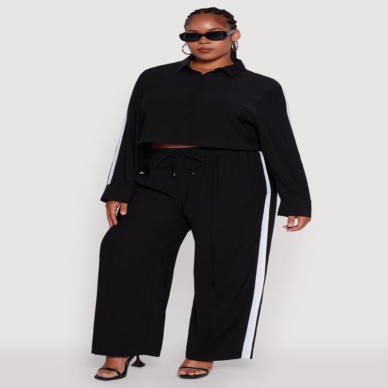 Plus Size Crepe Knit Pintuck Pants with Side Stripe