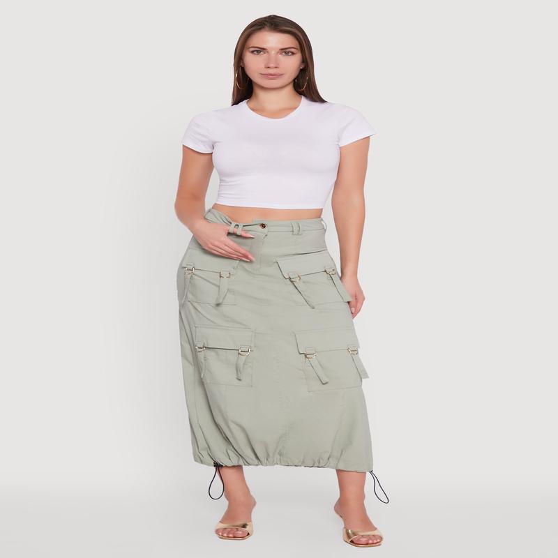 High Waisted Solid Maxi Skirt with Cargo Pockets