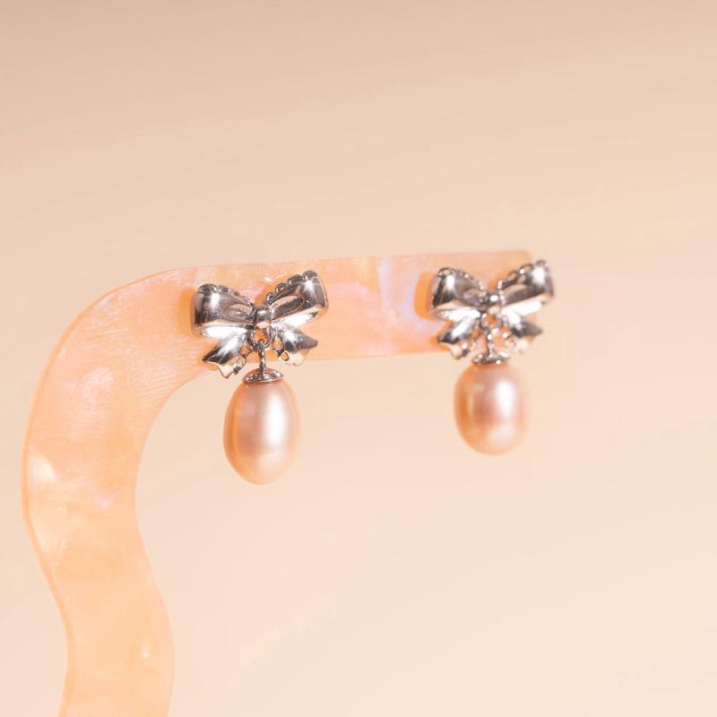 Bow Pearl Drop Stud Earrings